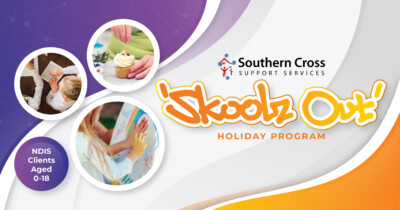 Skoolz Out Holiday Program person making cupcake kid painting child reading NDIS clients aged zero to eighteen