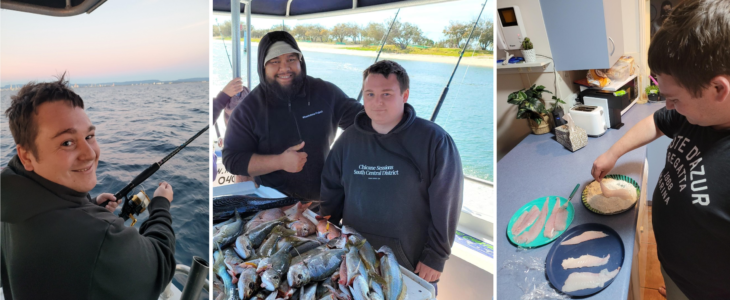 SCSS client Jake Brown fishing, showing all the fish they caught and his Support Worker Teaza cooking his fish for dinner